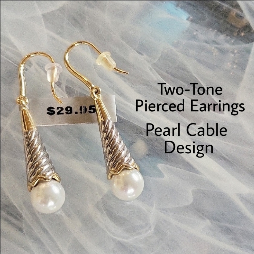 Earrings Cable Pearl Drop Two-Tone Design